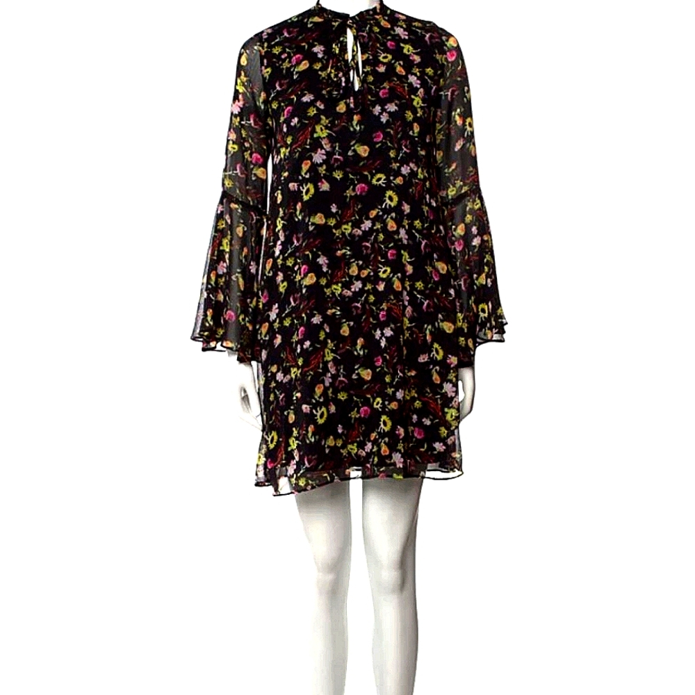 Philosphy Sheer Floral Print, Tie Neck, Long Bell Sleeves, Mini Dress Meduim NWT